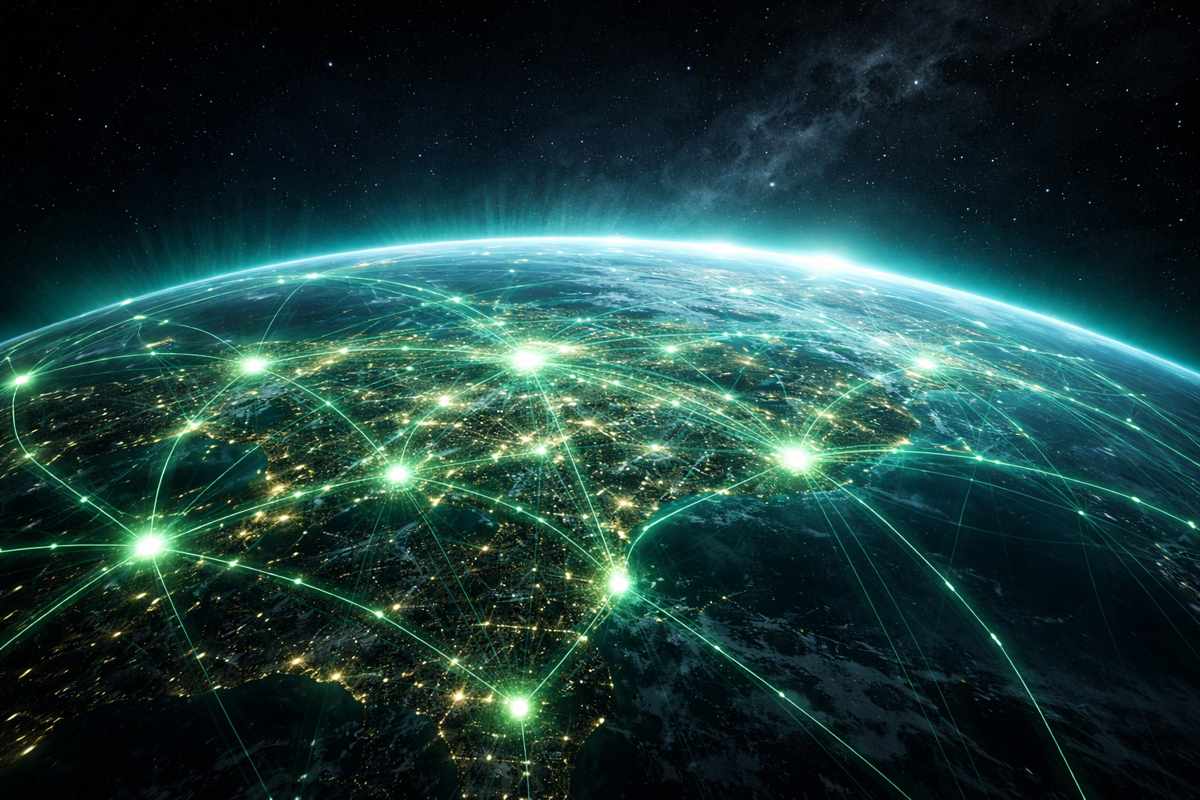 Futuristic global energy network with green technology connections